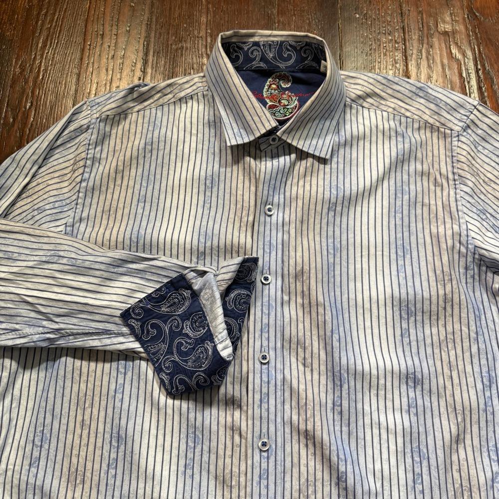 Robert‎ Graham Shirt Mens Large Floral Stripes Flip Cuff Classic Button Down